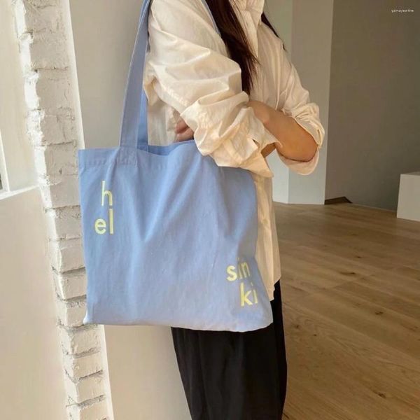 BASSE DAVI Corea INS tela borsa per lettere causali Stampare Spalla Women Cotton Bughbag Mist Blue Student Libri Shopping