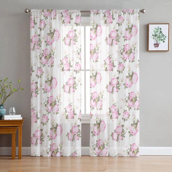 Cortina aquarela pintada à mão Floral e planta cortinas de tule rosa para sala de estar quarto decoração