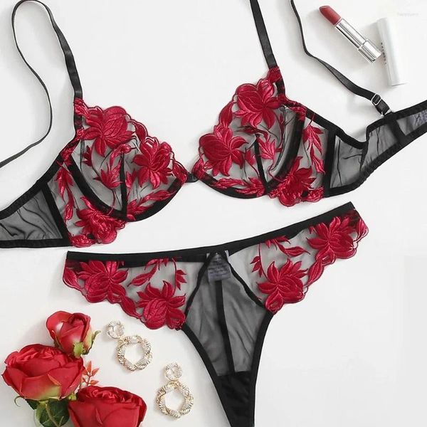 Bras define lingerie de bordado floral de renda cheia para mulheres sexy sono íntimo de roupa de baixo