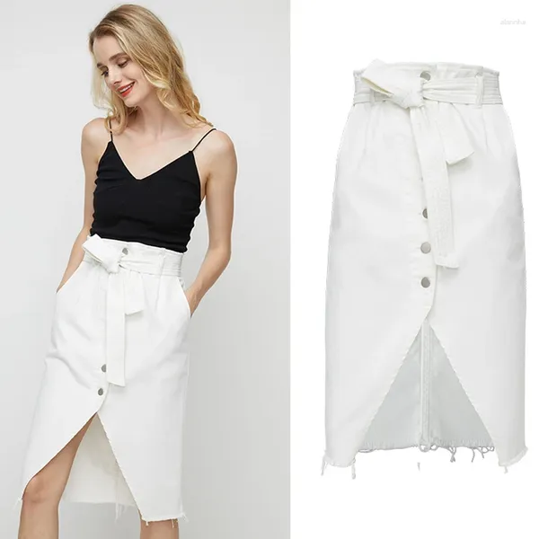 Saias jeans jeans saia assimétrica Mulheres elegantes Belts Acorrente a Single Bastted Wrap Midi Slit High Summer Summer White Street