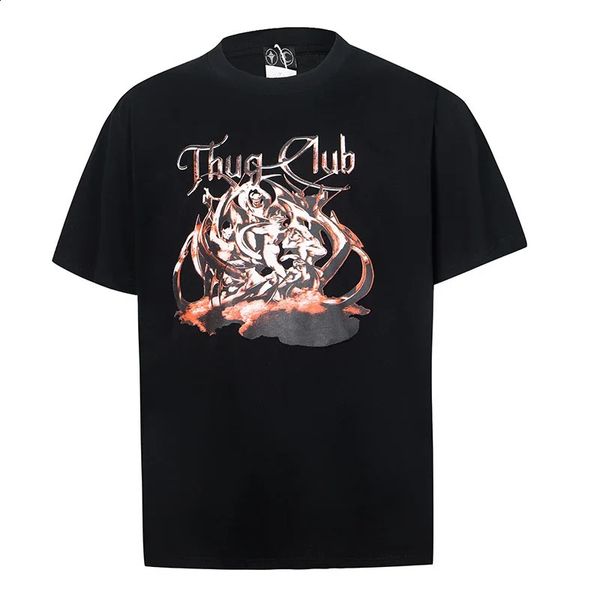 Y2K Yenilik Erkekler Thug Club Pu Şeytan Monster T Shirts T-Shirt Hip Hop Kaykay Sokak Pamuk Tişörtleri Tee Top Kenye #U28 240423
