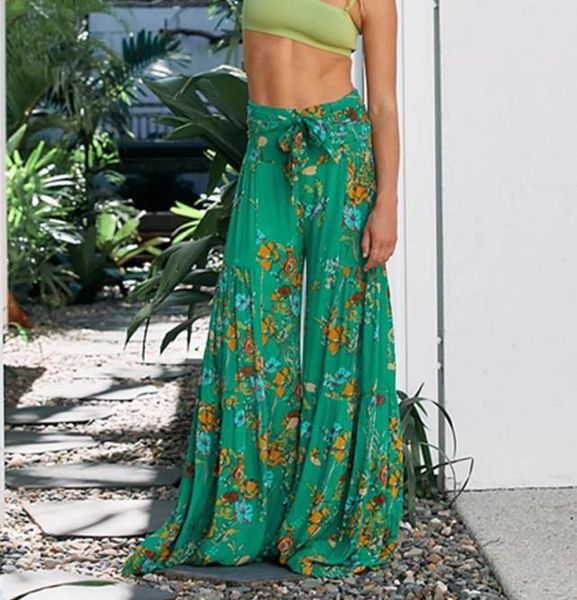 Женщины 039S штаны Capris Женщины цветочные печати свободные плиссированные расклешенные палаццо летние высокие талию шикарные пляжные брюки Boho Boho Casu7416077