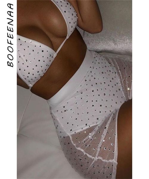 BOOFEENAA RHINE MESH SEXY 2-teilige Set Women Summer Club Outfits Rave Festival Short Matching Sets Black White C83-AC39 T2007024024571