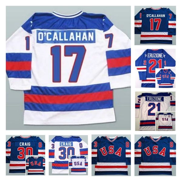 Maglie da hockey su ghiaccio retrò retrò 1980 USA 17 Jack Ocallahan 21 Mike Eruzione 30 Jim Craig Sticthed Blue White Alternate