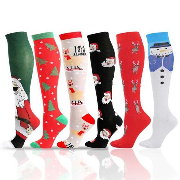 Meias meias mais recentes meias de compressão Menina Mulheres Snoving Snowman Elk Santa TR Christmas Pattern Compress Stokings Y240504