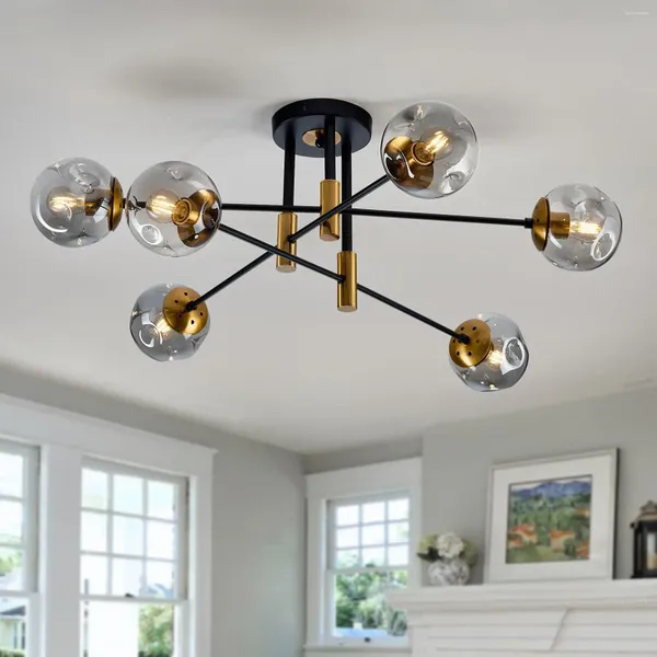 Luzes de teto moderno 6 Globo de vidro claro Sputnik lustre preto semi rubor de montagem sala de estar para refeições