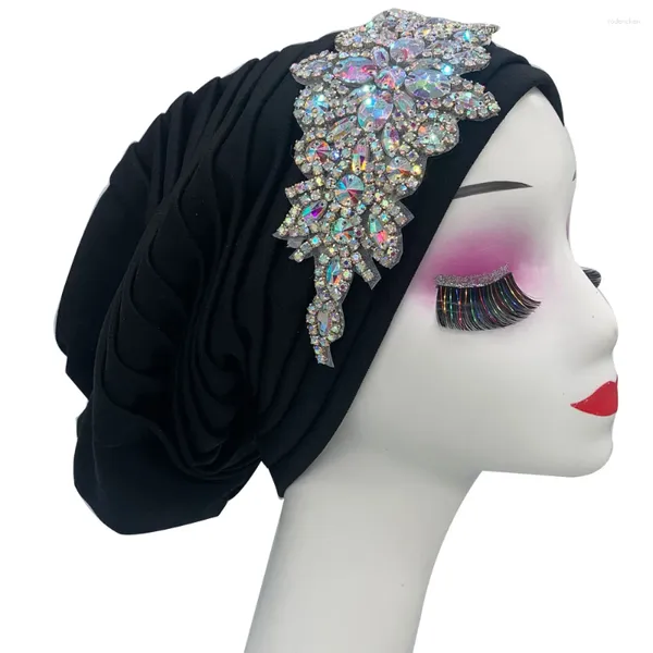 Roupas étnicas Rhinestones de luxo Caps de turbante para mulheres plissadas de cabeça africana Capacete de casamento Muslim Headscarf Bonnet Turbante Mujer