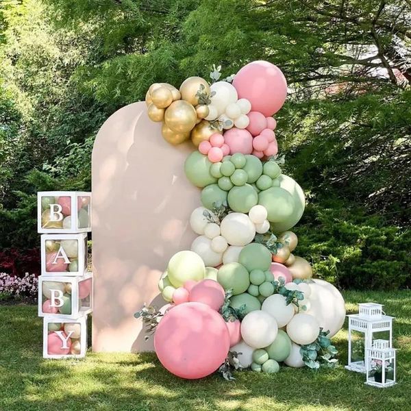 Decoração de festa 114pcs verdes brancos rosa látex balões arco guirlanda para gênero de casamento revelando o chá de bebê infantil favores de aniversário