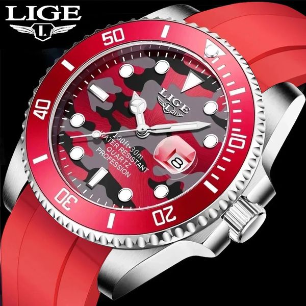 Lige Fashion Mens Watches Top Brand Luxury Camouflage Quartz Watch Man Sport Sport Red Silicone For Men Reloj Hombre 240428