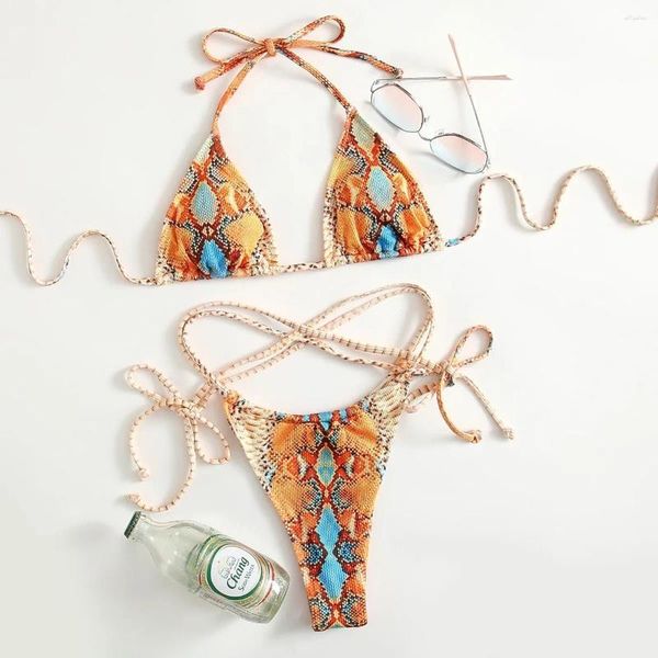 Swimwear's Swimwear Lace-Up Bikini Snake Stampa Halter Set casual vacanza in spiaggia costume da bagno sexy a vita alta per donne