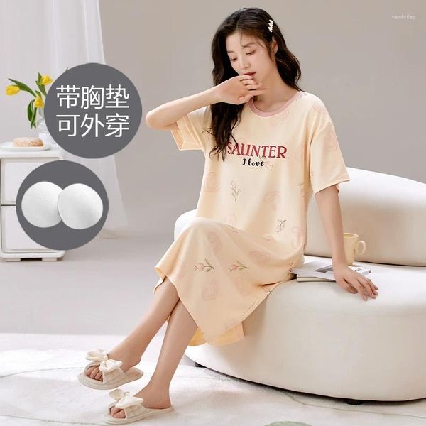 Mulher feminina Sexy Summer Women Nightshirt M-3xl Cotton Nightgown Manganha curta Dimigra de manga curta com bloco de peito