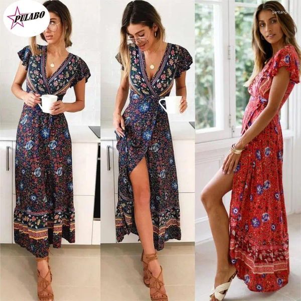 Повседневные платья Женщины дамы Boho Summer Beach Платье с коротким рукавом Mini Mini Женщина с высокой талией V-образной туникой пояс тунику