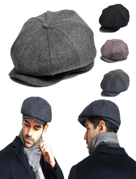 Berets Wolle Tweed Sboy Cap Men Vintage Black Grey Flat Peaked Street Hats Fischgramm Gatsby Baker Boy Hatberets6482476