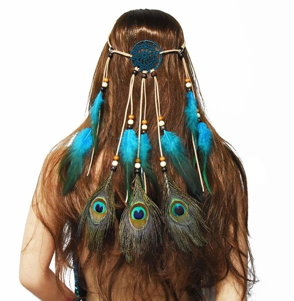 Boho Style Handmade Blue Peacock Feather Bandas com flanela e contas Acessórios de cinta de cabelo de forma de flanela e Sone