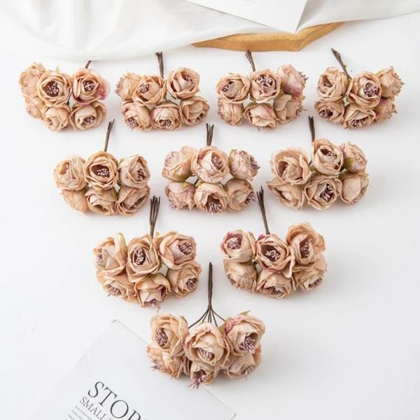 Fiori decorativi 6 pezzi Rose di stame di seta artificiale per accessori per ghirlanda natalizia casa floristico artigianato decorazione del matrimonio scrapbooking