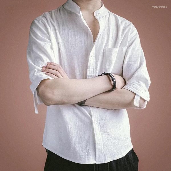 Camisas casuais masculinas estilo chinês camisa de linho de verão meio manga de algodão solto machos de gola de gola de gola única