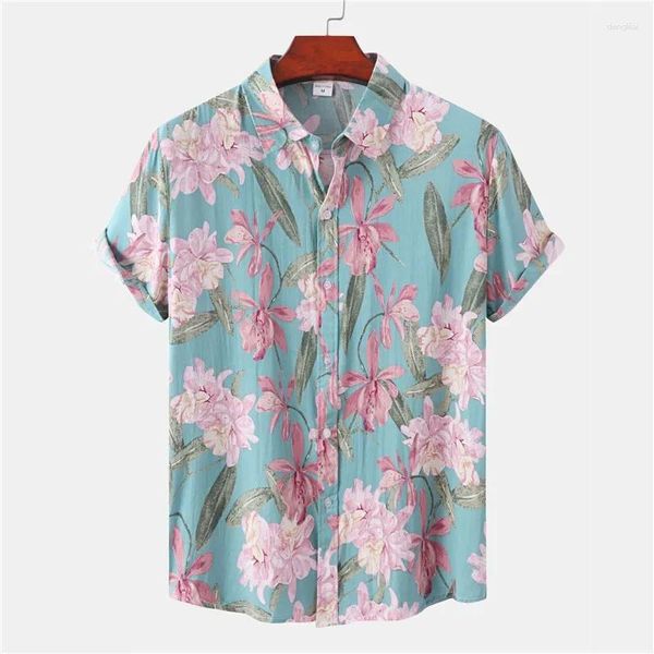 Camisas casuais masculinas pretas rosa estampa floral praia aloha homens camisa masculina 2024 verão manga curta