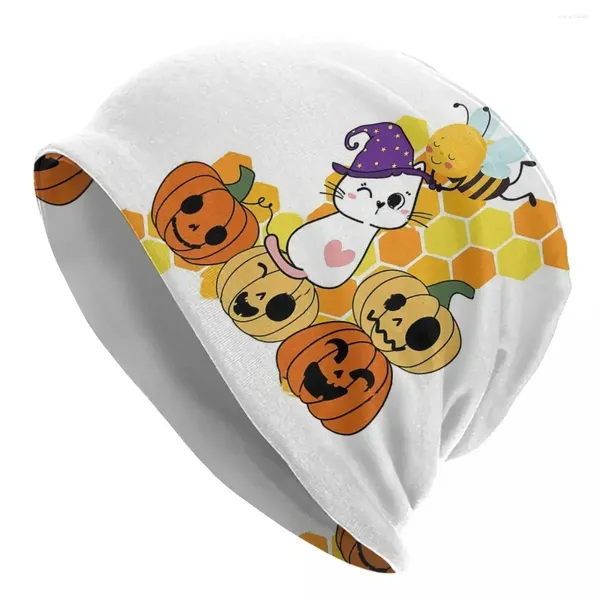 Berets Halloween Kürbisbiene und Welpycat warme gestrickte Kappe Hip Hop Bonnet Hut Herbst Winter im Freien Beanies Hüte für Unisex Erwachsene