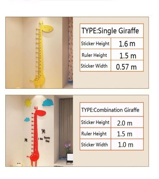 Adesivos fofos de gira -giraffe parede sitcker 3d adesivos de acrílico para garotas baby crescimento de altura do bebê adesivo de parede de parede decoração de sala de bebê25307836271