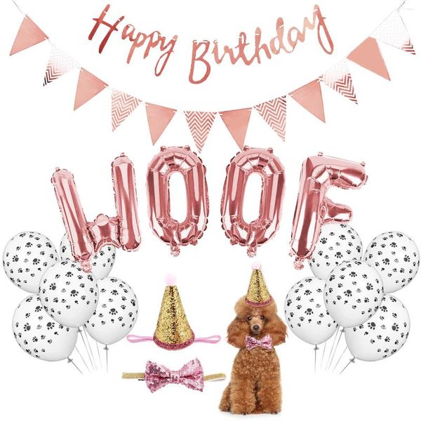 Hundebekleidung Geburtstagsfeier Rose Gold Woof Briefe Folienballons Print Latex Ball Haustier mit Hut Happy Banner Supplies