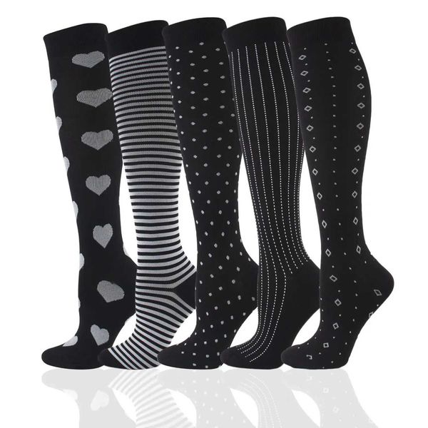 Çorap Çorap Kalitesi Kalite Yeni Sıkıştırma Çoraplar Siyah Kalp Dot Stripe Erkek Çoraplar Kadınlar Giyin Hediyeler İçin Uzun Tüp Çorapları Uyluk Yüksek Çorap Y240504