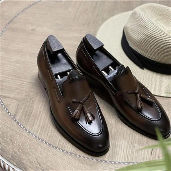 Kleiderschuhe Retro Männer Slipper Echtes Leder Low Heel Blackfinge Flats komfortable Business Casual Daily Office Street Herren Loafer