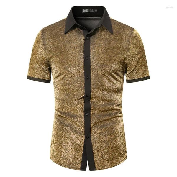 Herren -Hemdhemden glänzende goldene Gypsophila für Party Sommermarke Kurzarm Männer stilvoller loser Prom Bankett Chemise Hombre