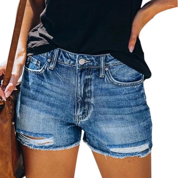 Shorts femininos Summer Ripped Riped American High Caist Pierced Tassel calça jeans casual de perna reta