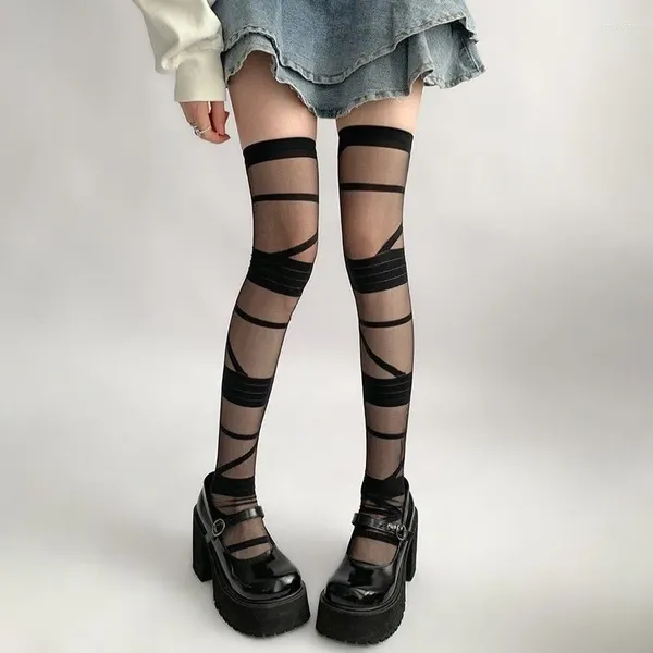 Frauen Socken Binden Sie Pfahl würziges Mädchen Schwarz -Weiß -Verband langer Röhrchen Knie Länge Strümpfe Lolita dünn gestreift dick hoch