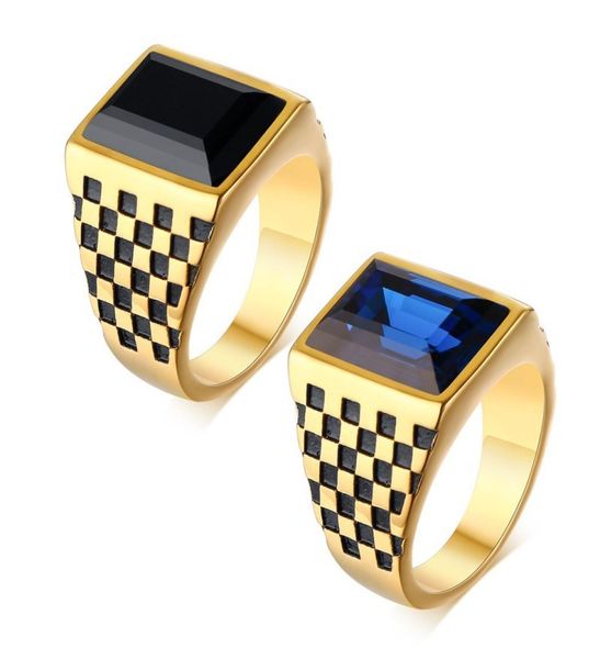 Homens grandes quadrados azuis anel de pedra preto azul anel de aço inoxidável com design de xadrez masculino aneis masculinos anilos2833420