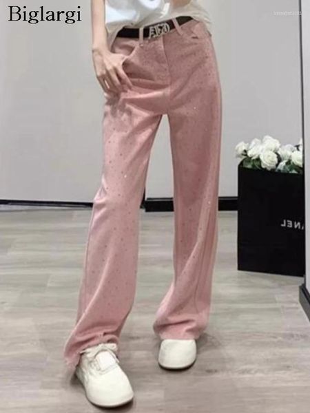 Frauen Jeans hohe Taille rosa Frühlings Sommer Pant Women Diamant Fashion Lose Weitbein Damenhosen koreanische plissierte lässige Frau Hosen