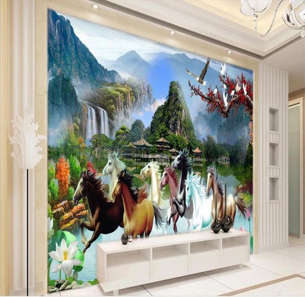 Пользовательский размер 3D PO обои роспись гостиная 8 лошадей цветочные и птицы картинка диван телевизионный фон обои роспись невов5472242