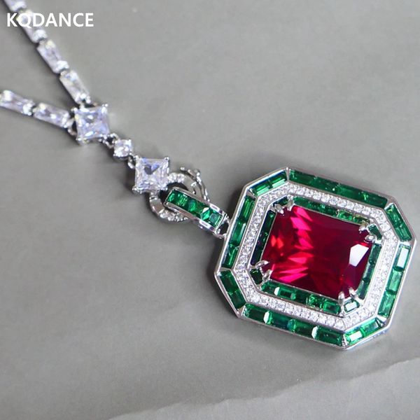 Kqdance Rechteck 12*16mm Labor Grüne Edelstein Emerald Red Ruby Diamond Anhänger Zirkon Tenniskette Halskette Luxusschmuck für Frauen 240511