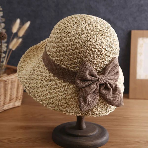 Summer Summer Panamá Panamá Handmade Straw Hat 9cm Brim Bow Versão coreana CAT CAT CASUAL VIAGEM DE PRAIA DOME DOME DOME