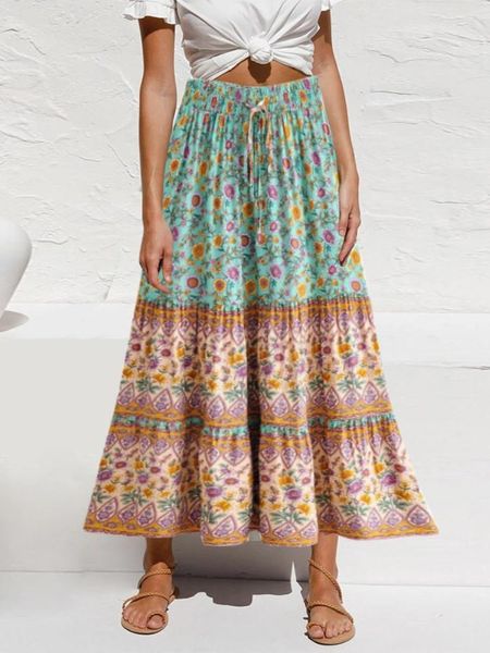 Saias vintage Mulheres chiques estamadas florais de alta cintura elástica praia boêmia saia senhoras rayon algodão A-line hippie boho midi