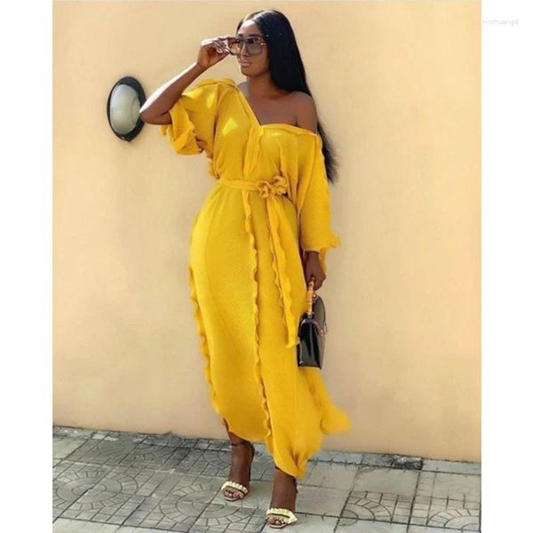 Partykleider afrikanische Frauen Langes Kleid sexy V-Ausschnitt Rüschenhülle Sommer Chiffon Robe Femme Plissee Büro Vestidos mit Gürtel