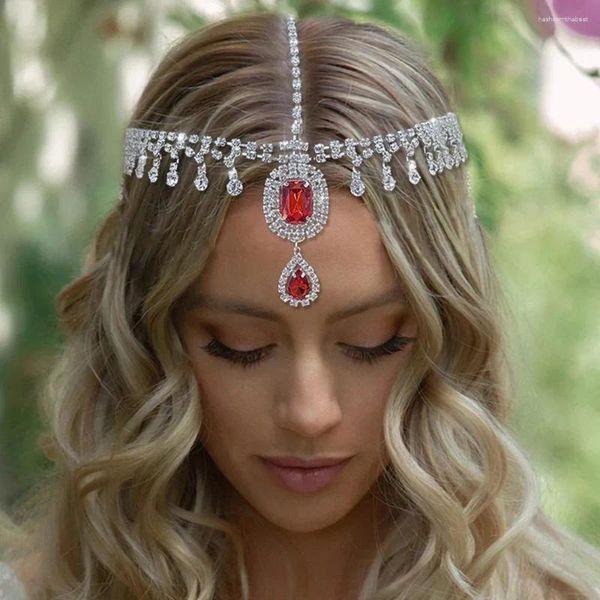 Clipes de cabelo Stonefans Boho Red Cristal Cadeia Cadeia feminina Água gota de testa pendente de shinestone jóias de capacete de noivas