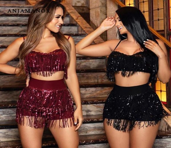 Anjamanor Sexy Club, два часа, набор Sequin Fringe Glitter Beach Party Satfits 2 PCS SET Women Skirt Skirt Top Matching Sets D47AG92 T8396019