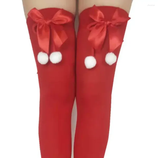 Kadınlar Çorap Yay Knot Peluş Top Dekor Noel Çorapları Esneklik Diz Uzun Noel Cosplay