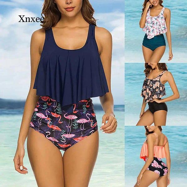 Frauen Badebekleidung Frauen Weste Rüsche hohe Taille Bikini Sommer Druck lässig Strandanzug Tankini Badeanzug 2024 Kleidung