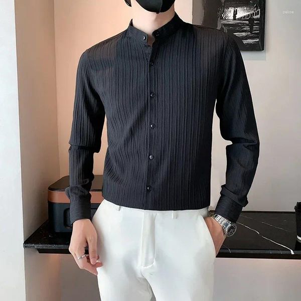 Camisas casuais masculinas clássicas listradas de mangas longas colar