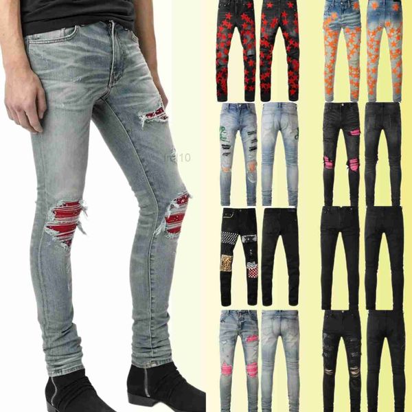 Jeans de jeans masculino jeans jeans roxos para homens magros de motocicleta ripped hole de retalhos rasgados durante todo o ano, jeans de pernas magras por atacado 2 peças 10% offnah4