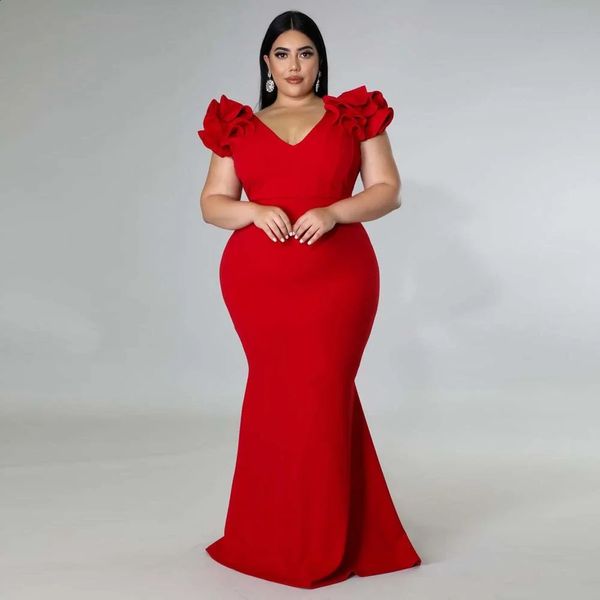 Plus Size Evening Kleid elegante Dame Rüsche rot schwarz sexy sexy Rückenlose große Größen Frauen Party formelle Maxi lange Kleider Sommer 240425