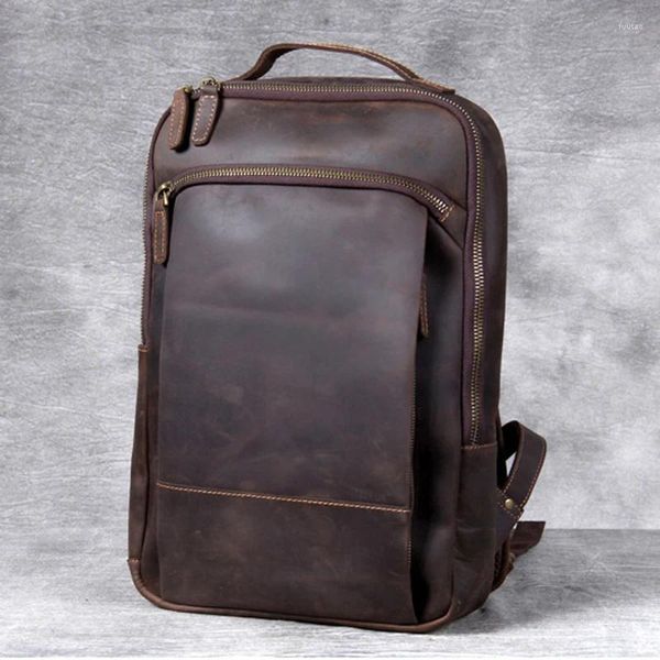 Rucksack Vintage Crazy Horse Echtes Ledermänner täglicher Dudelsack männlicher Rucksack-Wanderkacktasche große Kapazität M-802