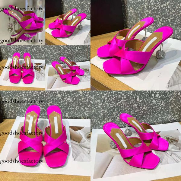 Neue Aquazzura mit hohen Pantoffeln mit hohen Haken Sandalen Stiletto Mules Diamond Ball Metall Heel 105 mm Seidenladel-On Open Tobe Frauen Designer Schuhe Größen 35-42With Box Original