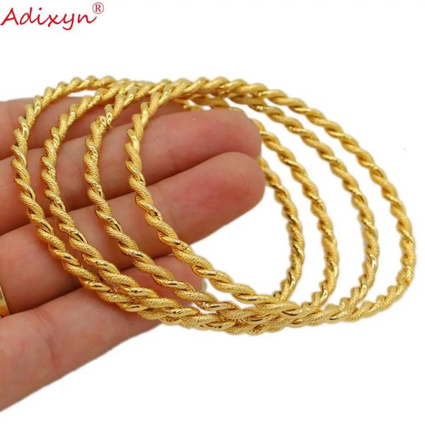 Adixyn 4pcs/lote Twisted Bangle Gold Color Dubai Africano Bracelete árabe Jóias de casamento de noiva do Oriente Médio N071017 240424