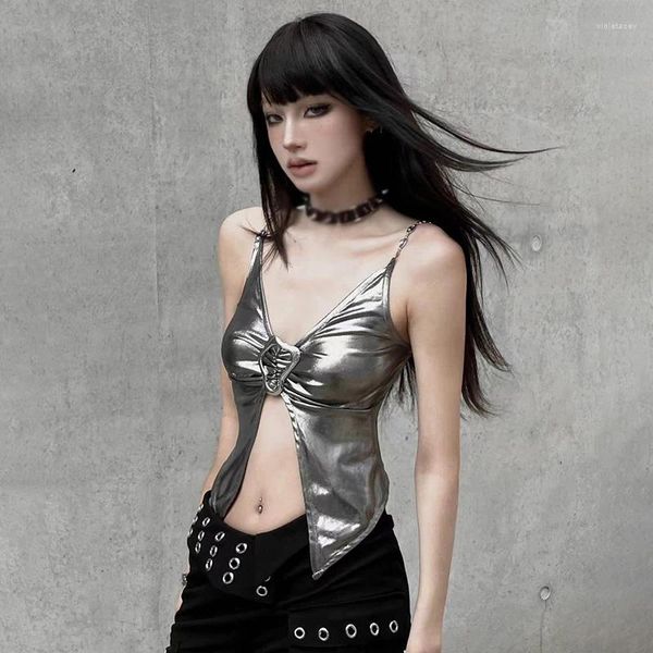 Tank da donna Donne donne a V-Neck Metallic Silver Punk Crop Velvet Slim Fit Camion Sexy Came One Size