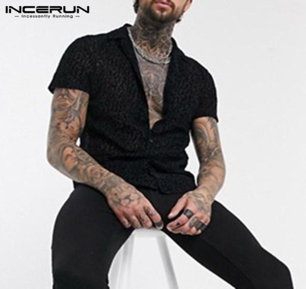 Incerun Men Mesh Shirt Leopard Print Transparent Sleeve STREETHEATE CAMISAS 2020 LAPEL SEXY FATY Party Nightclub Shirts3725044