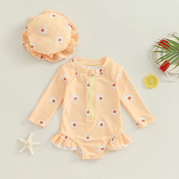 Costume da bagno per bambini neonate con il bambino a maniche lunghe con cappello da bagno zippato di costumi da bagno zippato per bambini costume da bagno costume da bagno 240430 240430