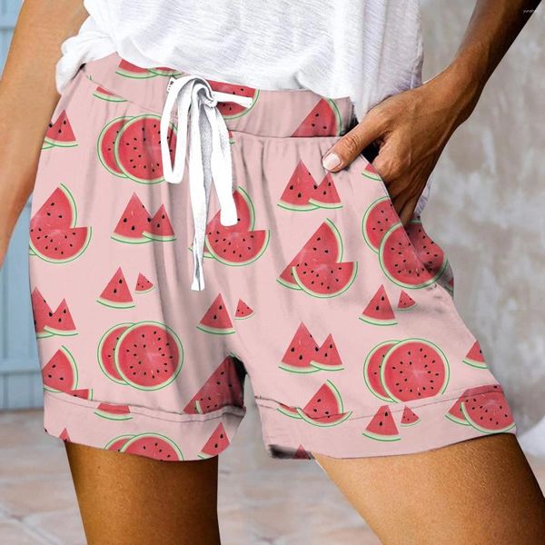 Shorts femininos curto para feminino fofo calças de verão impressas de cordão casual cintura solta perna larga reta leve com bolso